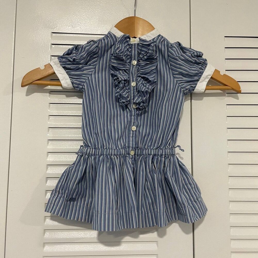 Ralph Lauren Baby Girls 9M Blue White Striped Ruffle Puff Sleeve Cotton Dress